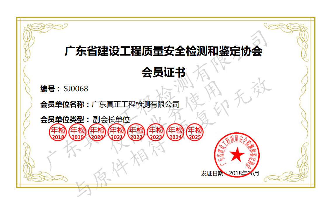 广东省建设工程质量安全检测与鉴定协会副会长单位证书